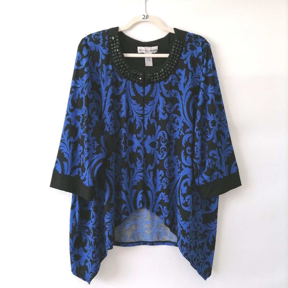Madison Leigh Womens Blue Beaded Jeweled Floral Asymmetric Hem Shrug Size 2X